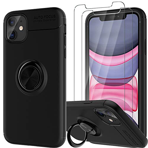 LK Hülle für iPhone 11, [Ring Kickstand] Anti-Kratzt Schutzhülle Handyhülle Stoßstange Slim-Fit Weiche TPU Case Cover mit Panzerglas Displayschutzfolie[2 Stück] - Schwarz