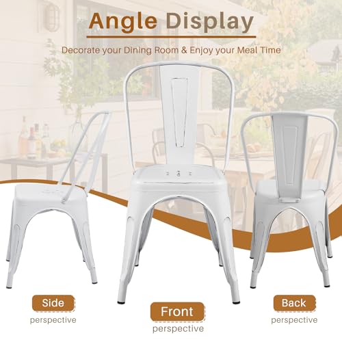 Furmax Metal Dining Chair Indoor Outdoor Use Stackable Chic Side Classic Trattoria Metal Chairs Set of 4 for Kitchen, Dining Room, Bistro and Cafe (Distressed White)