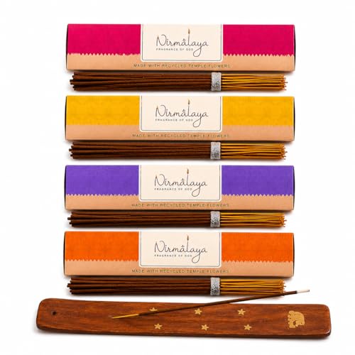 Image of Nirmalaya Premium Sandalwood, Rose, Patchouli, Jasmine Pack of 4 Incense Sticks Combo + Free Wooden Stand | 100% Natural & Charcoal-Free | Agarbatti for Pooja, Meditation, Yoga and Aromatherapy