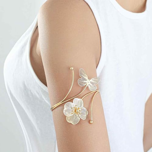 Image of Arm Cuff Jewellery for Women, Floral Armlet with Butterfly Design, Elegant Arm Bracelet for Weddings and Usually Occasions (Golden)