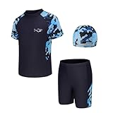 GDOKKNY Jungen Badeanzug Set Schnelltrocknend Kurzarm Schwimmshirt mit Badehose und Badekappe Kinder Badebekleidung Strand Pool Outfit (DE/NL/SE/PL, Alter, 10 Jahre, 11 Jahre, Regular, Marineblau)