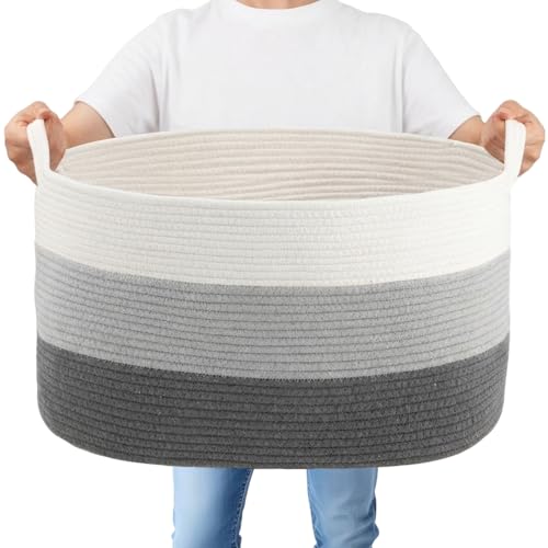 Image of Dntorx 60L Large Cotton Rope Laundry Baskets With Handles, White & Grey