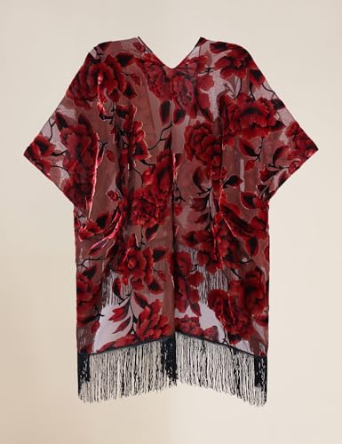 Image of MJ SERECA Women's Burnout Velvet Kimono Cardigan Cover Up with Tassel