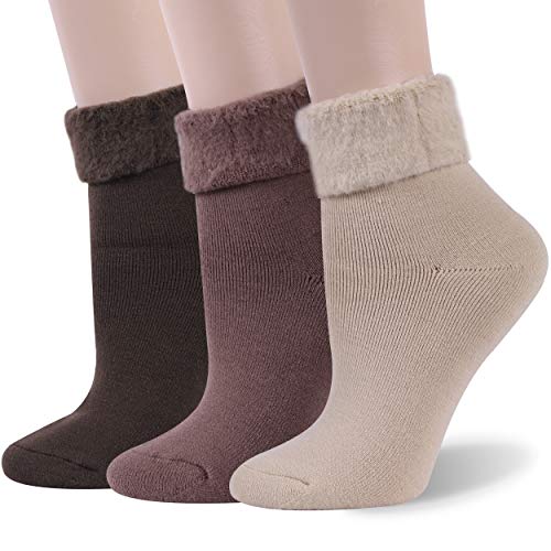 diwollsam Heavy Thermal Insulated Socks, Womens Girls 3 Pairs Winter Thick Fuzzy Socks Elite Fashion Soft Turn Cuff Novelty Casual Warm Outdoor Slipper Socks for Cold Weather Best Gifts, S