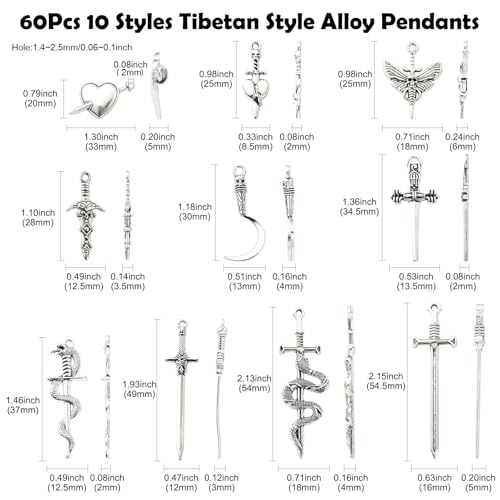 Stiesy 60Pcs 10 Styles Vintage Sword Charms Antique Silver Snake Sword Pendant Charm Tibetan Swords with Skull Heart Moth Charms for Jewellry Making DIY Bracelet Crafting - Image 2