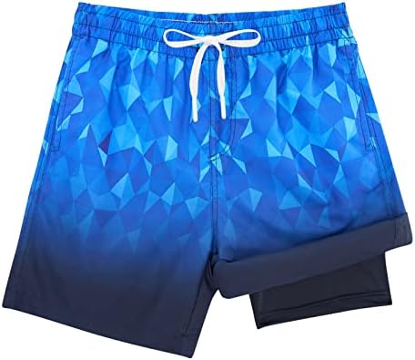 Board Shorts for Boys18 20 Years Novelty Blue Geometry Swimwear with Black Brief Liner Boy's Quick Dry Sports Swim Trunks Big Guys Beach Play Ball Bathing Suits Wear Size 18-20