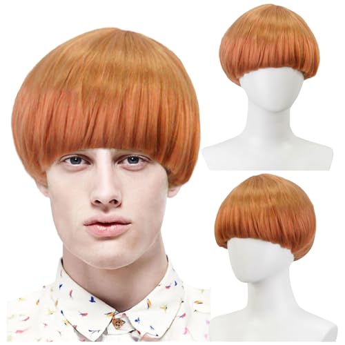 FOUNSHO Short Ginger Bowl Cut Wig with Band For Men Women, Adults Short Mushroom Wig Funny Ugly Nerd Hairs Bob Men's 60s 70s 80s Cosplay Costume Fancy Dress Party Crazy Hair Day Halloween (Orange)
