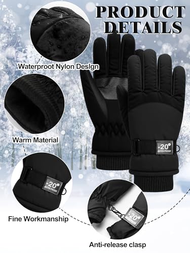 Geyoga Kids Waterproof Winter Snow Ski Gloves for Boy Girl Outdoor Warm Thickening Snowboard Gloves(8-12 Years,Black) - Thumbnail 4