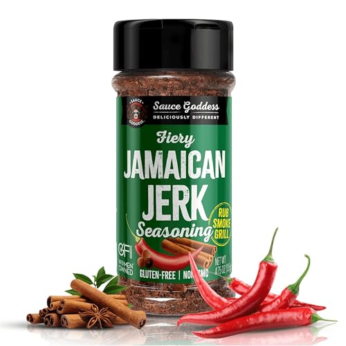 Sauce Goddess Fiery Jamaican Jerk Spice Shaker (4.75 oz) - Spicy Caribbean BBQ Rub for Chicken, Pork, and Seafood