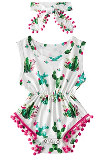 Image of UNICOMIDEA Infant Baby Floral Romper Bodysuits Casual Sleeveless One-Pieces Jumpsuit Cute 2Pcs Green Cactus Outfit Set with Bowknot Headband 6-12 Month