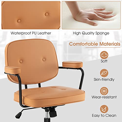 Giantex Mid Century Leather Office Chair Orange, Height Adjustable Desk Chair With Rocking Backrest & Padded Armrest, Upholstered Swivel Leisure Task Chair, Modern Rolling Chair For Home Office #TOP5