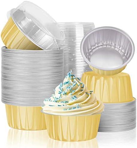 50Pcs Aluminum Foil Cupcake Liners with Lids, 5oz 125ml Ramekin Baking Cups Muffin Liners Mini Pie Pans Foil Cupcake Containers for Christmas Wedding Birthday Party Picnic Camping