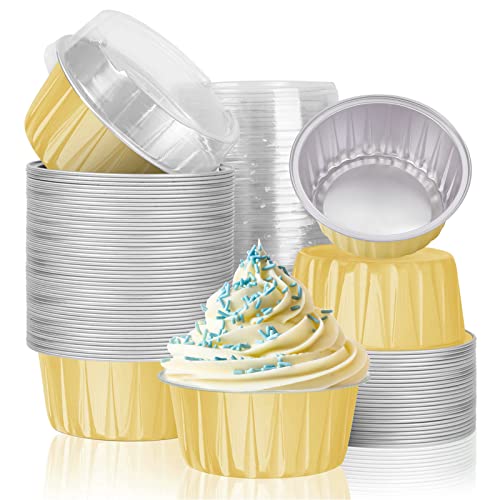 50Pcs Aluminum Foil Cupcake Liners With Lids, 5Oz 125Ml Ramekin Baking Cups Muffin Liners Mini Pie Pans Foil Cupcake Containers For Christmas Wedding Birthday Party Picnic Camping #TOP3