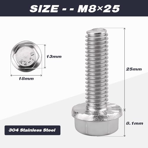 Image of M8-1.25 x 25mm (10 pcs) Flanged Hex Bolts, 304 Stainless Steel 18 /8, Large Washer Head Automotive Screws for Car Parts & Machinery Replacement
