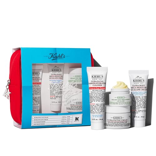 Kiehls Travel Size Skincare Routine Gift Set $77 Value Includes TSA Approved Mini Face Wash Moisturizer Eye Cream and Body Lotion Full Body Set for All Skin Types