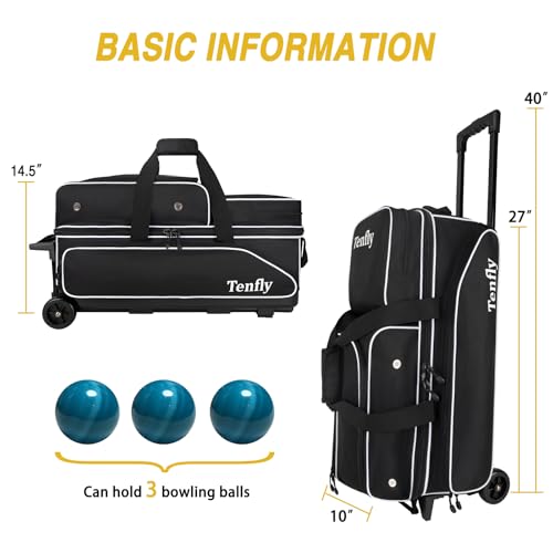 TENFLY 3 Ball Bowling Roller Bag with Wheels, Retractable Handle, Large Shoe Compartment & Accessory Pockets, Heavy Duty 1680D Oxford for Men Women Bowlers