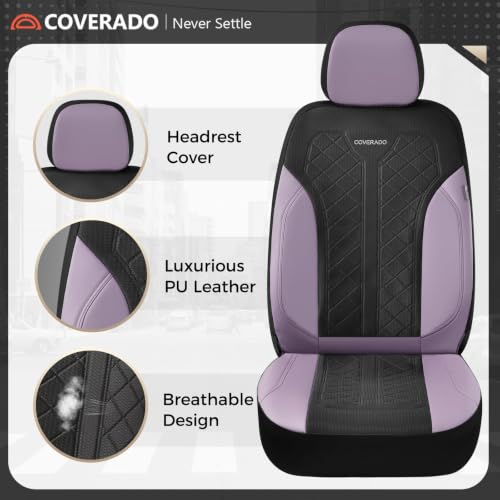 Image of Coverado Seat Covers for Car Fullset, Leather Car Seat Covers 5 Seats, Breathable Purple Driver Seat Protectors, Luxury Automotive Covers, Universal Fit for SUV, Truck, Sedan