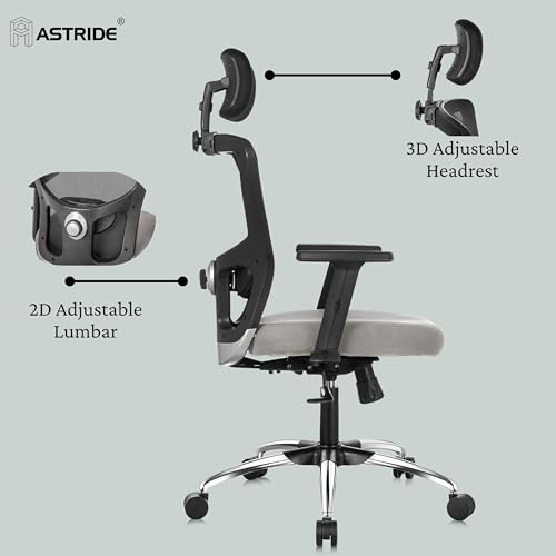 Image of ASTRIDE Aevin Pro Ergonomic Office Chair for Work || 7 Years Warranty || Multi Lock Synchro Mechanism || 2D Soft Arms || 3D Headrest || [Heavy Duty Metal Base, Grey]