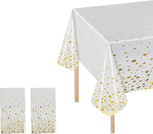 2 Pcs Mantel Plastico 137x274cm, Mantel Mesa Rectangular Impermeable con Lunares Corazón Oro, Manteles para Fiesta de Cumpleaños Picnic Boda Casa, Protección Antimanchas, Resistente Aceite (Blanco)
