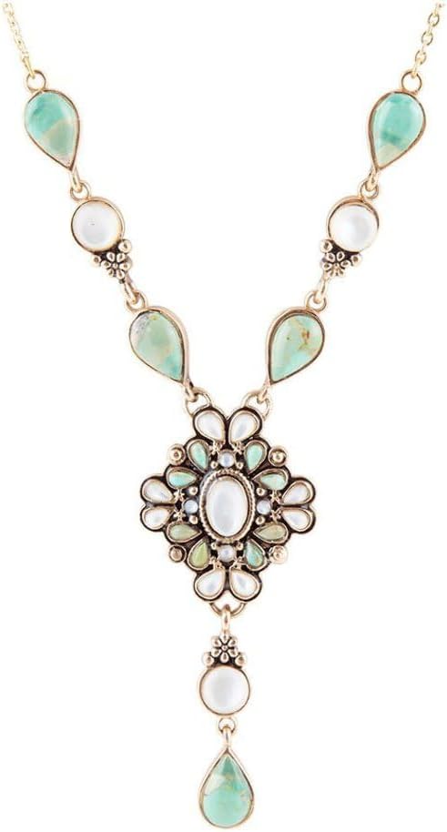 Barse Jewelry White Mother of Pearl and Blue Turquoise Golden Barcelona Y-Necklace