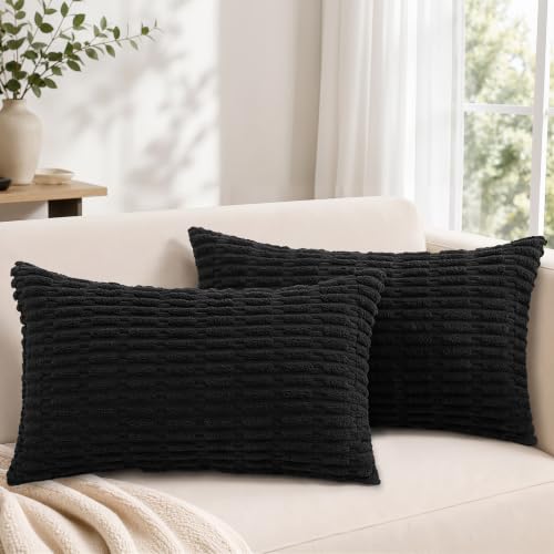 decorUhome Black Corduroy Throw Pillow Covers 12x20 Set of 2