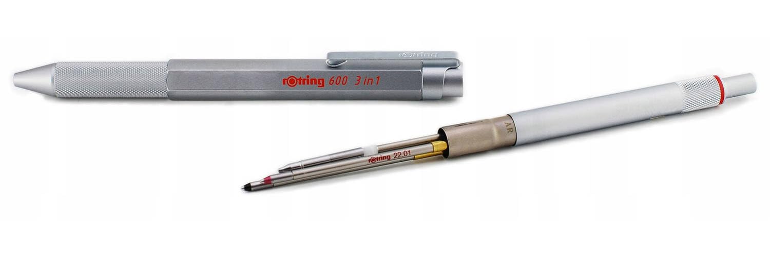 rOtring 600 penne e portamine multicolore 3 in 1, fusto in argento, penna a sfera (inchiostro nero e rosso) + matita da 0,5 mm, confezione regalo, quaderno a spirale A5 + sacchetto di velluto