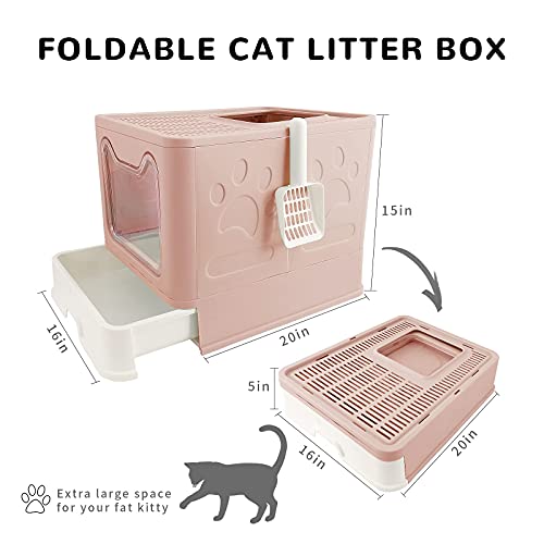 KITTYWOO-Foldable-Cat-Litter-Box-with-Lid-Jumbo-Drawer-Cat-Litter-Pan-Top-Entry-Cat-Litter-Hooded-Box-Large-Anti-Splashing-Cat-Toilet-for-No-Mess-Pink-20-L-x-16-W-x-15-H