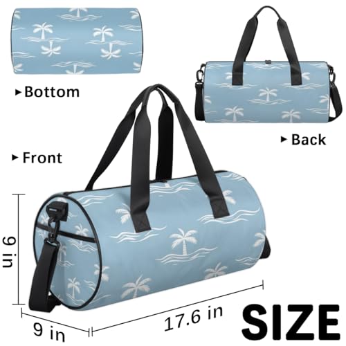 Coconut Tree Sky Blue Round Barrel Sports Fitness Bag, Travel Luggage Bag, Reusable Handbag, Suitable For Men and Women3