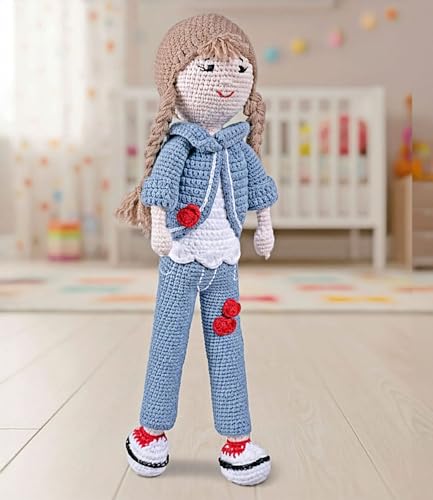 Image of Bonfino Premium Handmade Miss Helen Crochet Doll for Girls & Boys, Cute Knitted Cotton Doll for Babies, Baby Doll for Kids, Soft Toys, 6+ Months, Birthday Gift, Height 35 cm, Blue&White, BIS Certified