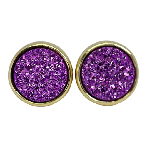 Bright Purple Druzy Quartz Stud Earrings-Genuine Drusy Gemstone-Gold-8mm-Jewelry Gift Idea-Holiday-Stocking