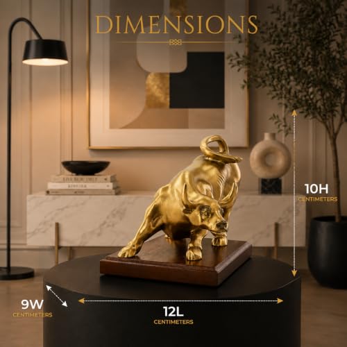 Image of Golden Bull Statue Showpiece for Home Decor - Modern Charging Bull Figurine with Wooden Base, Luxury Office Desk Decor, Wealth & Success Symbol Sculpture