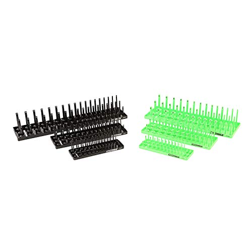 OEMTOOLS 22337 3-Post SAE And Metric Socket Tray Set, 6 Piece, Deep, Shallow, And Impact 3 Row Socket Organizer for Tool Box Drawer, 1/4, 3/8 and 1/2 Inch Drive, SAE And Metric, Black, Green by OEMTOOLS - Used condition - US$42.48