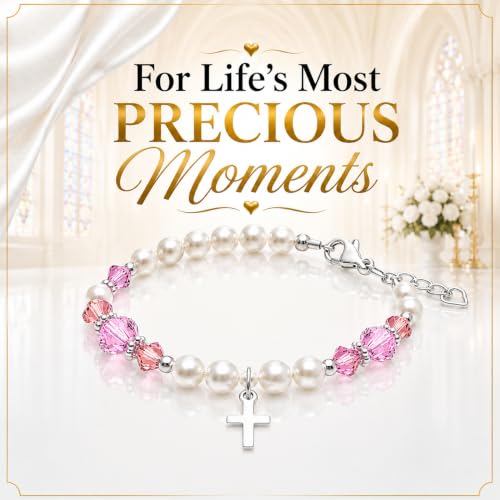 Image of Baby White Pearl Bracelet, Sterling Silver Cross Charm Baptism Gifts for Girl
