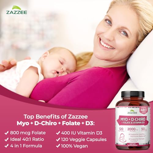 Image of Zazzee Myo & D-Chiro Inositol Ideal 40:1 Ratio with Vitamin D3 & Folate, 120 Vegan Capsules, Hormonal Balance & Cycle Support for Women, Women's Health Supplement, Non-GMO, Made in the USA