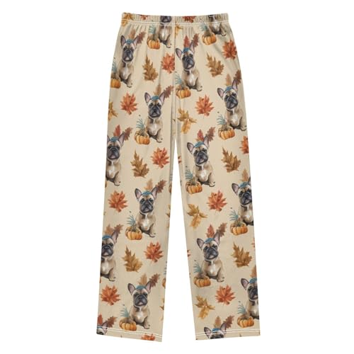 ZZXXB Bulldog Autumn Leaves Boys Long Pants Soft Trousers Elastic Waist Kids Lounge Bottoms with Pockets S-XL2