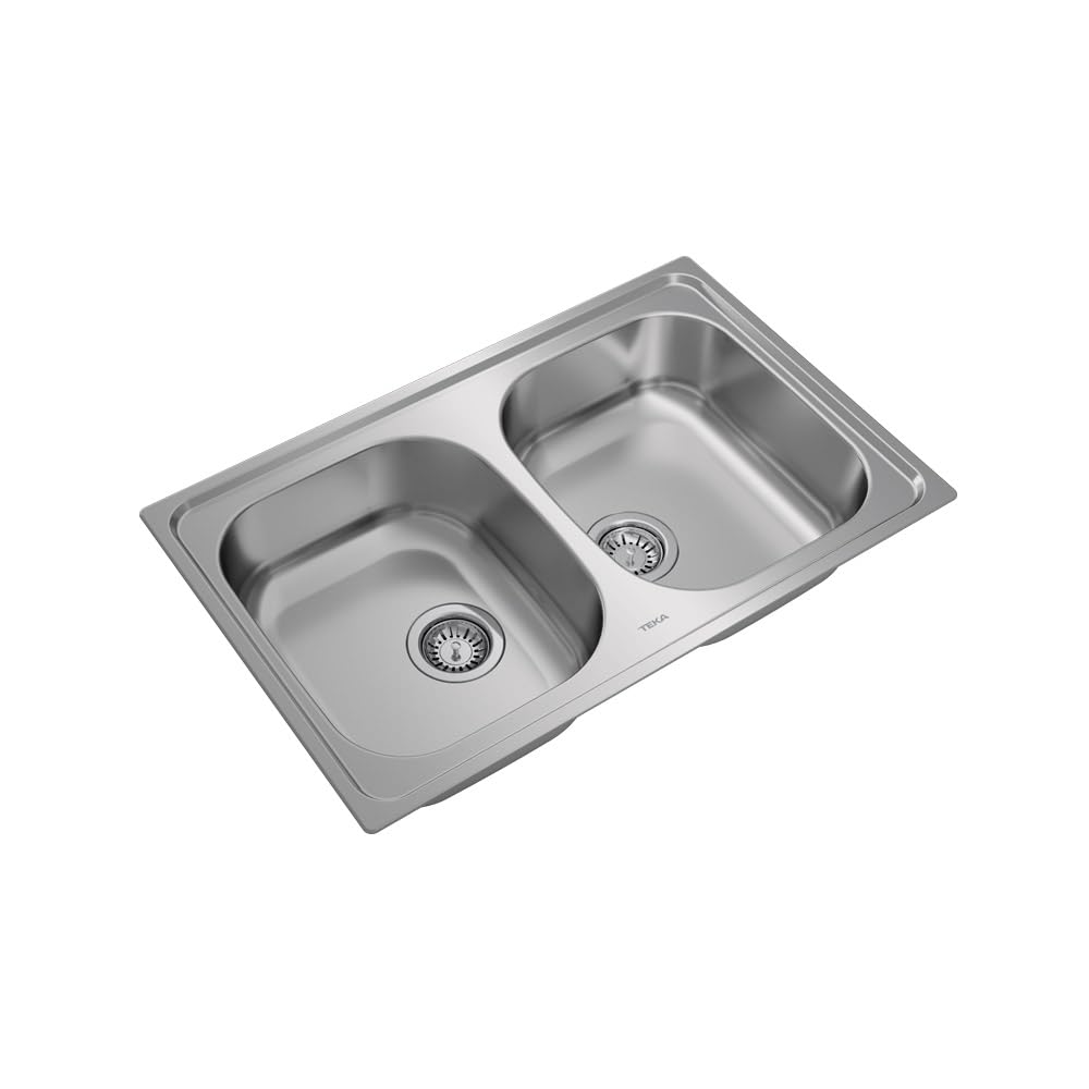 TEKA Fregadero Encastrado 2 Cubetas 80cm Acero Inoxidable, Profundidad 170mm, Desagüe con Válvula Manual y Sifón, Universe 80 T-XP 2C