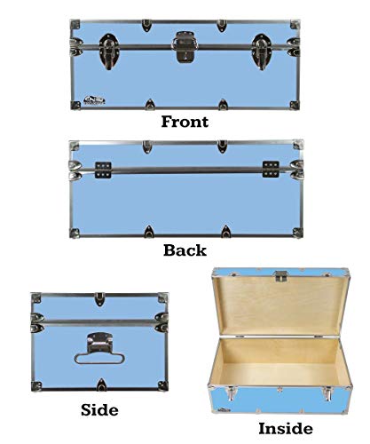 C&N Footlockers Happy Camper Storage Trunk - Summer Camp Chest - Durable with Lid Stay - 32 x 18 x 13.5 Inches (Light Blue)