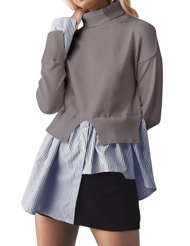 Image of Turtleneck Asymmetrical Sweaters for Women Patchwork 2 in 1 Pullover Knit Sweater Slit Button Down Shirt 2026 Fall