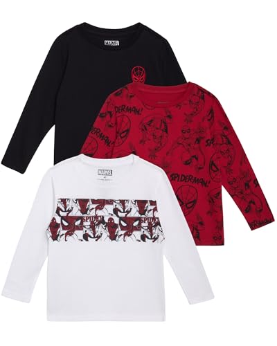 Marvel Spiderman Boys Shirts - 3 Pack Avengers Spidey and Friends Long Sleeve Graphic Tees for Toddler Little Boys and Kids