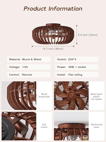 Image of 20 inch Wood Ceiling Fans with Lights Flush Mount, Caged Farmhouse Rustic Ceiling Fan with Light Remote Control, Wooden Low Profile for Bedroom, Living Room, Nursery