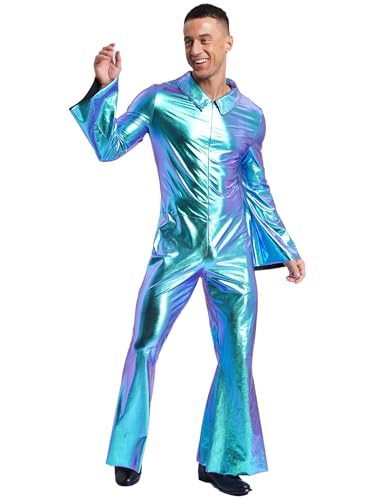 Mens Shiny Metallic Disco Party Jumpsuit Full Body Bodysuit Flare Pants Bell-bottoms Hippie Rompers3
