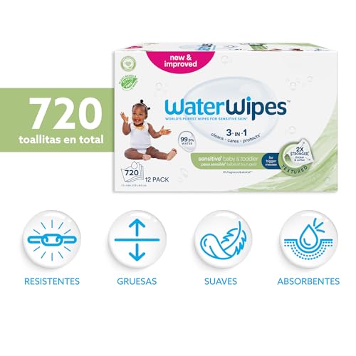 Miniatura 2 de Waterwipes Sensitive Baby Toddler Wipes, Toallitas Para Bebés Y Niños Pequeños, 720 Unidades Paquete De 12 , 3 En 1 Limpia, Cuida, Protege, 99,9 Agua, Textura Limpia, Sin Perfume