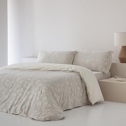 COTTON ARTean Funda Nórdica Cama 180 ALGODÓN Jacquard 200 Hilos OJA Funda edredón 260x240 + 2 Fundas Almohada Cierre Botones. Gris