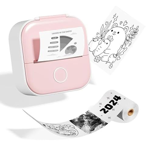 Odaro T02 Thermal Sticker Printer Mini, Portable Print Pod, Sticker Maker with 1 Roll Sticker Paper, Small Sticker Printer Machine Bluetooth for School Note, Journal, Picture Coloring - Pink Cover