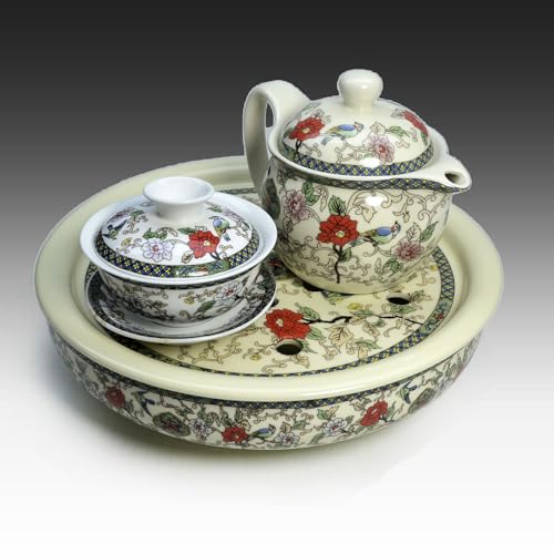 Image of Porcelain Tea Tray, Double-Layer Ceramic Tray Round for Tea Coffee Serving Table (Colorful Flowers and Birds)