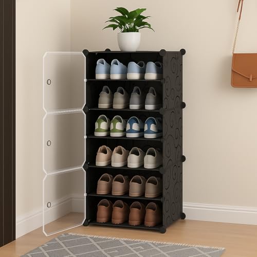Sunderlook Shoe Rack Plastic for Home- Shoe Stand, Chappal Stand, Professional Multipurpose Foldable Standing Comfort Runner Shoe Rack with Door, Slipper Stand (Black, 6 Shelf 3 Door)