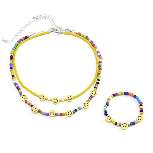 tenghong2021 3Pcs Smile Face Yellow Bead Necklace Colorful Beaded Choker Bracelet for Women and Girls Jewelry Neck Accessories