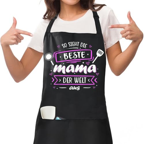 Jbniuay Muttertagsgeschenk - Geschenk für Mama schürze damen für mama kochschürze/schürze für Mama,Verstellbare Schwarze Schürze mit 3 Taschen(Wasserabweisend)