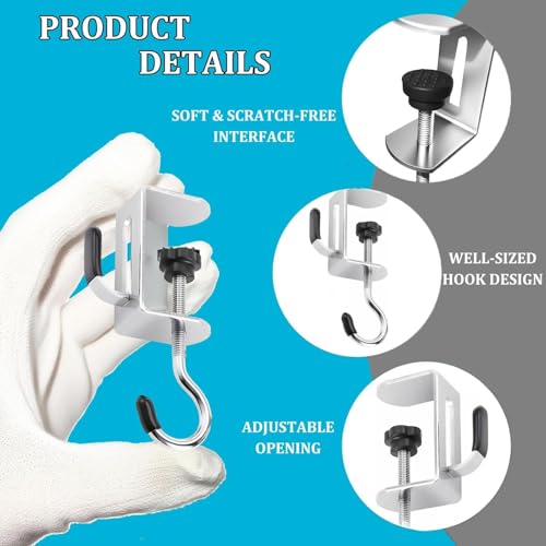 Image of 2-Pack Adjustable Metal Desk Hooks for Table | Heavy-Duty Under Desk Bag Holder, Purse & Backpack Hanger, Headphone and Umbrella Hook | No-Drill Clamp Table Hook for Office, Home & Study Desk