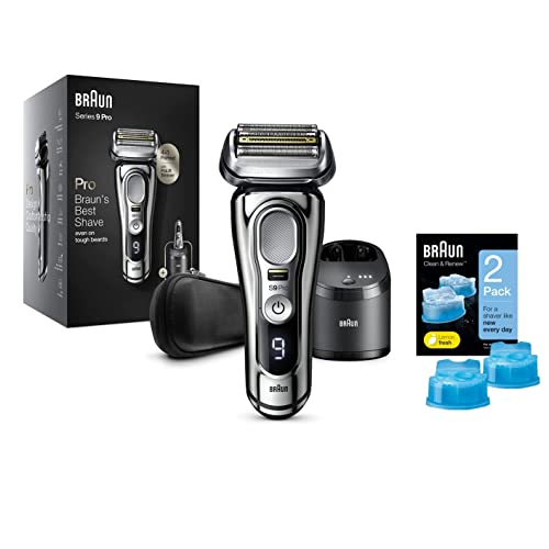 Braun Series 9 Pro Afeitadora Eléctrica Hombre, Máquina de Afeitar Barba Prolift 9466cc con Centro de Limpieza y Carga 5en1 + Cabezal 4en1 + 2 Cartuchos Recarga Braun Clean & Renew, Gris